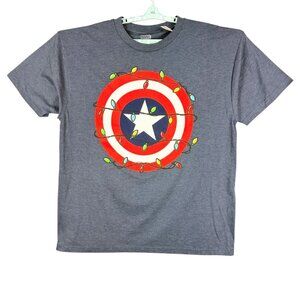 Marvel Men's Captain America Shield Christmas Lights Blue T-Shir Size L Tall NWT